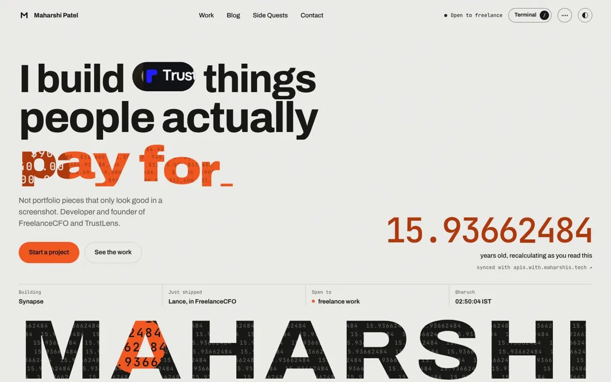 The maharshis.tech homepage: I build things people actually pay for, with a live age counter