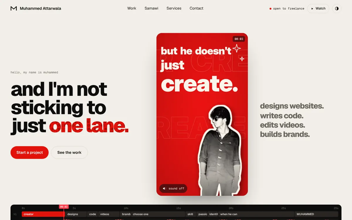 Muhammed Attarwala’s portfolio: the headline beside his reel, with an editing timeline below
