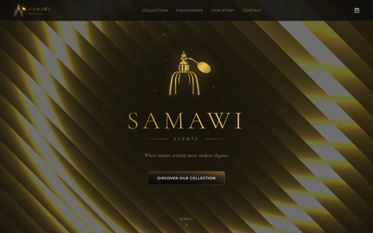 The Samawi Scents homepage: a gold atomiser mark and the SAMAWI wordmark over gold light on black